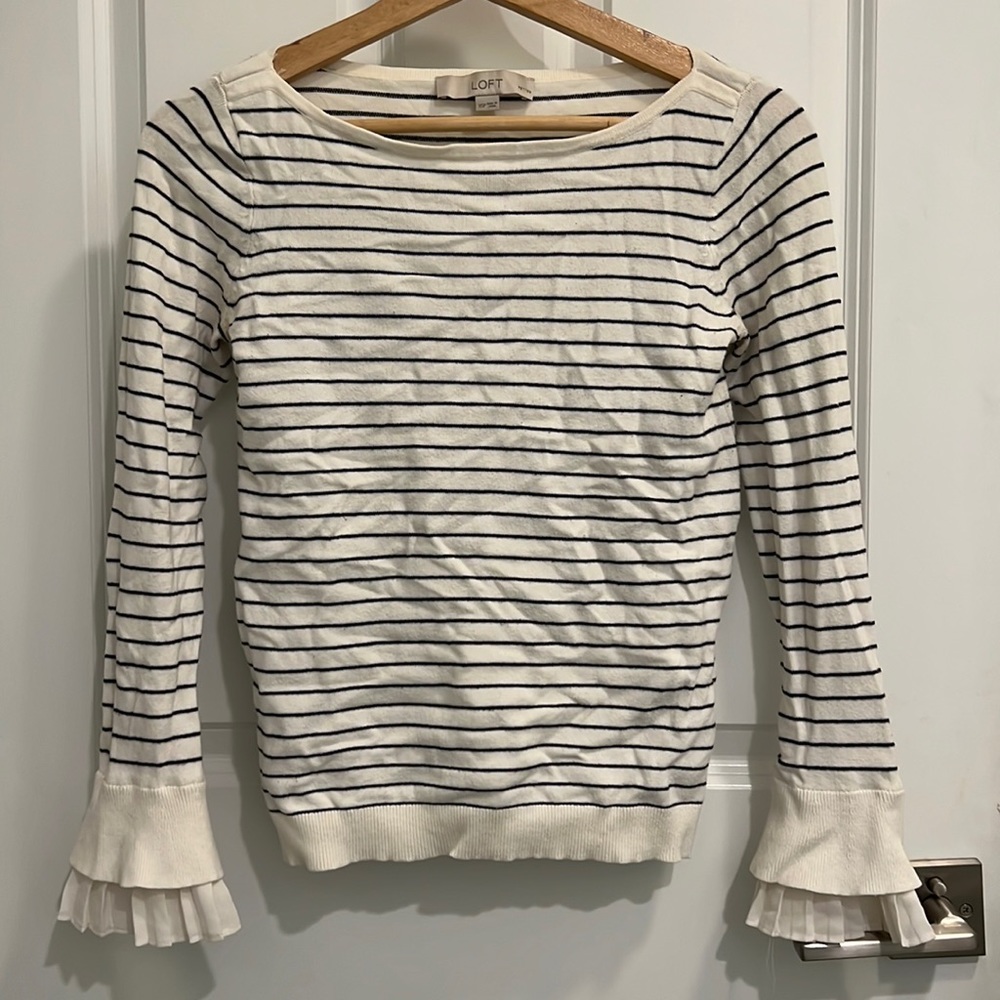 LOFT SOFT STRIPED WORK BLOUSE WITH FRILLY WRIST ACCENTS
